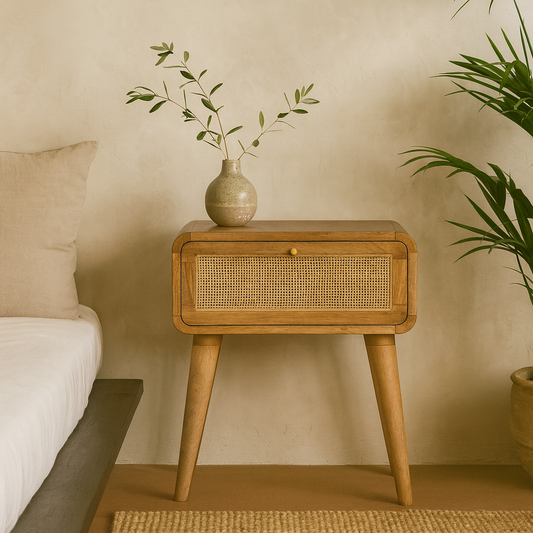 Desenzano Boho Natural Mango Wood and Woven Rattan Bedside Table with Drawer