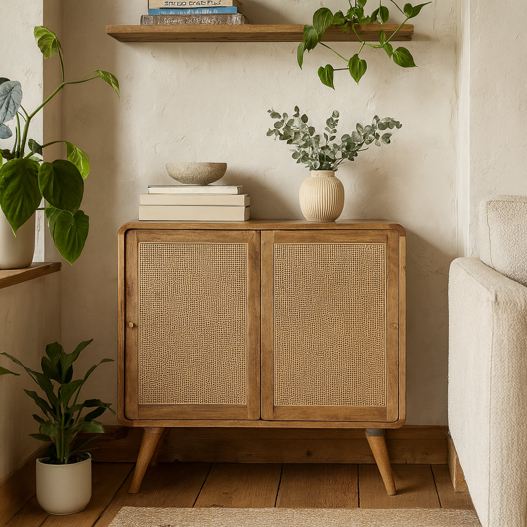 Desenzano Boho Natural Mango Wood and Woven Rattan Sliding Cabinet