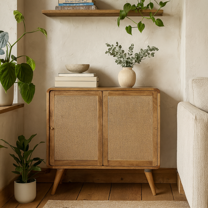 Desenzano Boho Natural Mango Wood and Woven Rattan Sliding Cabinet