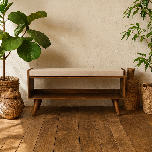 Wye Mud Linen and Mango Wood Nordic Storage Bench