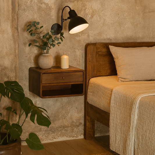 Bologna Minimalist Chestnut Mango Wood Curve Floating Bedside Table with Drawer