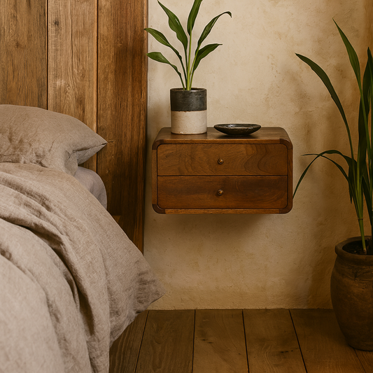 Monforte Floating Curved Chestnut Mango Wood Bedside Table 2 Drawers
