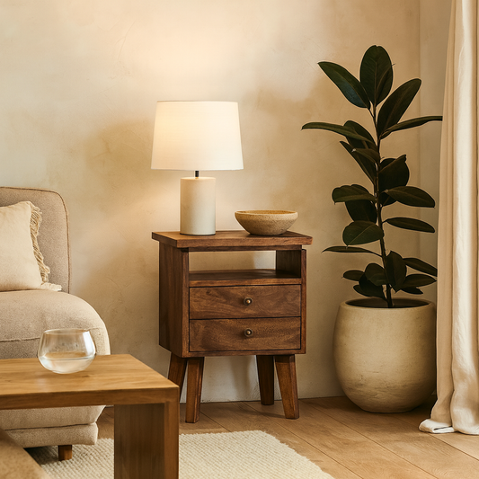 Giverny Mango Wood Platform Bedside Table Drawers 2 Drawers Open Shelf