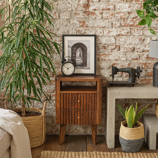 Brisighella Slatted Retro Mango Wood Bedside Table 2 Drawers Open Shelf