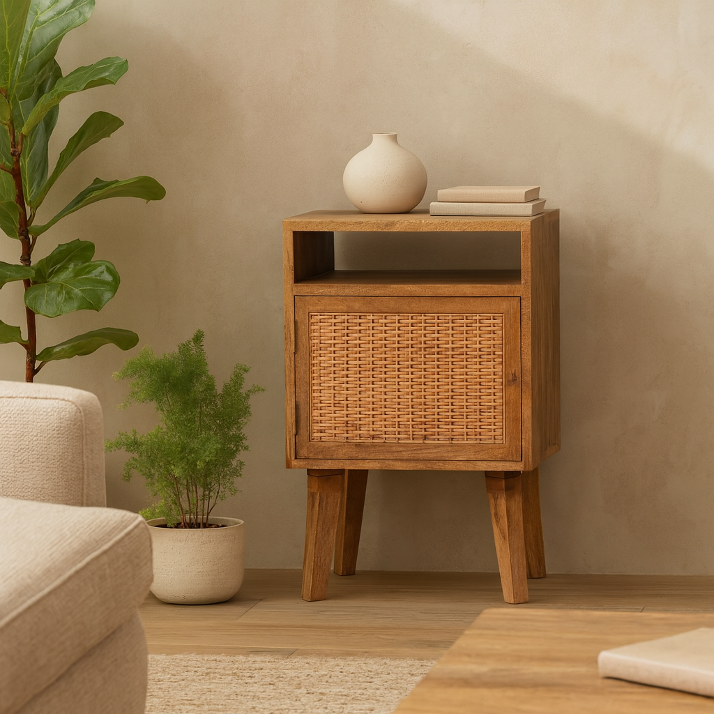 Breil Natural Mango Wood Knit Door Bedside Table