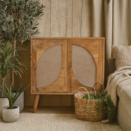 Desenzano Mango Wood 2 Door Cabinet Hessian Knit Leaf