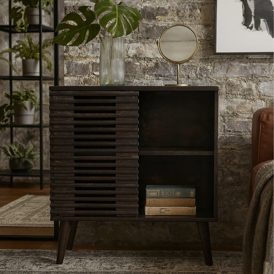 Mimosa Mid-Century Black Mango Wood Scandi Sliding Door Cabinet