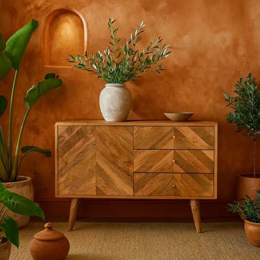 Dozza Geometric Carved Mango Wood 3 Drawer Sideboard