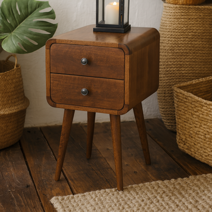 Venzone Mini Chestnut Mango Wood Curved Bedside Table 2 Drawers