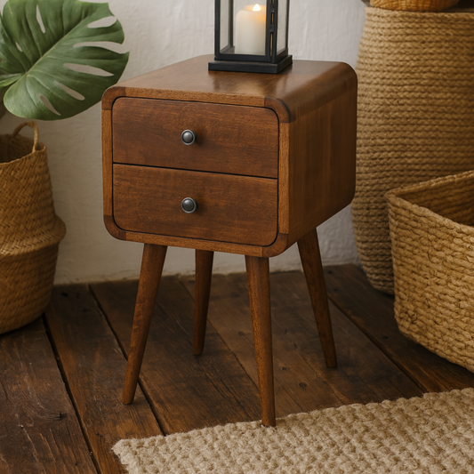Venzone Mini Chestnut Mango Wood Curved Bedside Table 2 Drawers