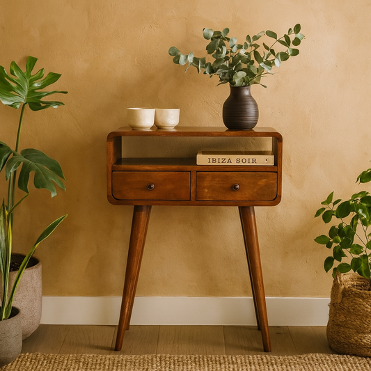 Venzone Mini Chestnut Console Table 2 Drawers and Open Shelf