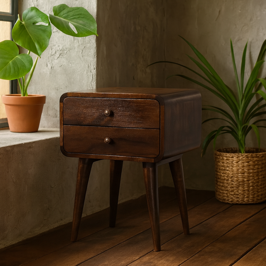 Chiusa Curved Dark Walnut Mango Wood Wide Bedside Table 2 Drawers