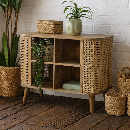 Molveno Natural Rattan and Mango Wood Open Double Cabinet with Storage Shelves
