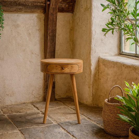 Gradara Nordic Round Mango Wood Bedside Table