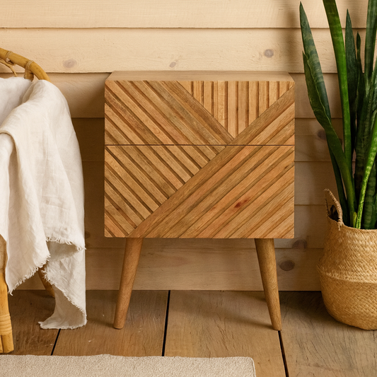 Orvieto Line Carved Natural Mango Wood 2 Drawer Bedside Table