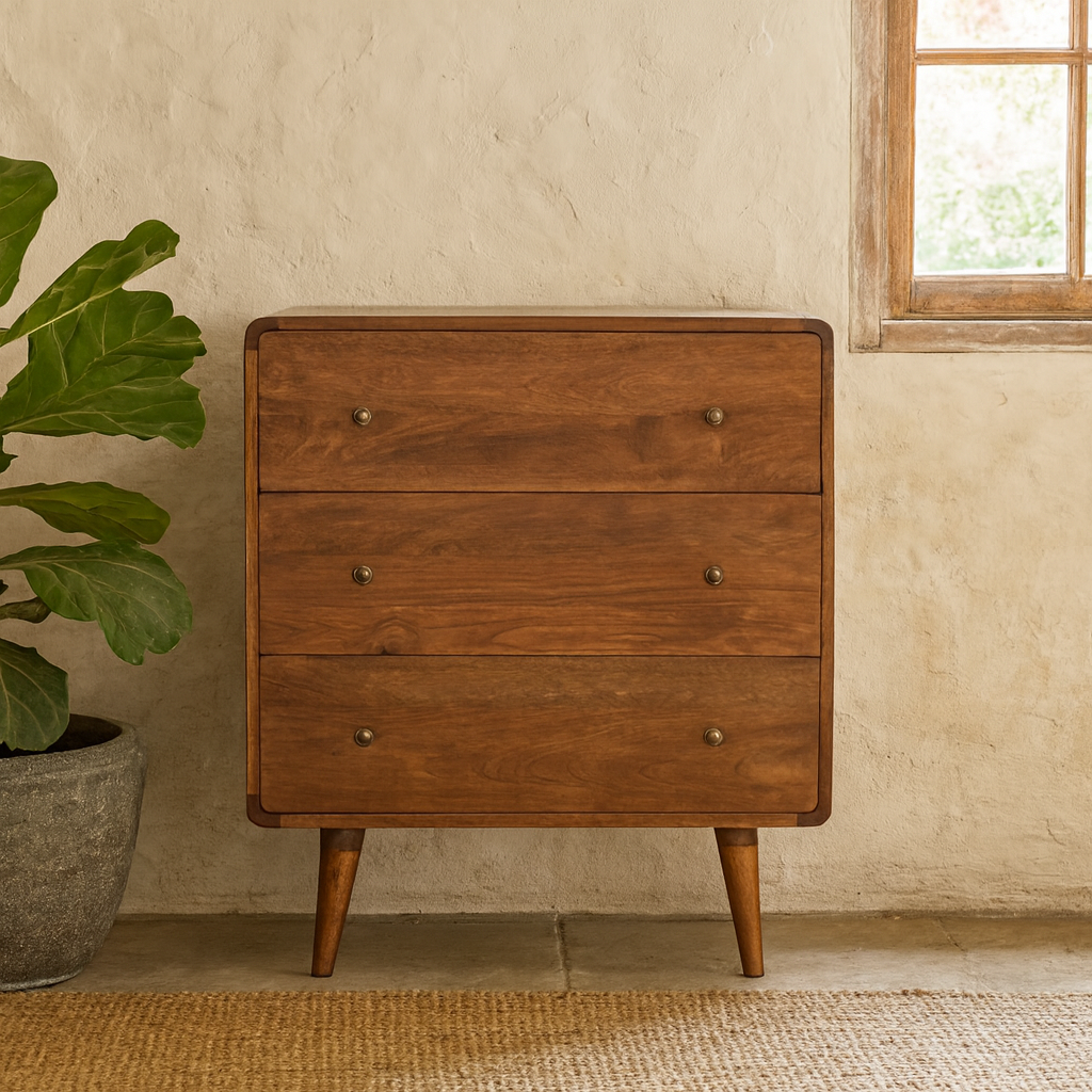 Ostuni Rustic Curved Mango Wood Chestnut Chest 3 Drawer