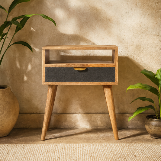 Gallipoli Grey Tweed and Mango Wood Bedside Table with Open Shelf