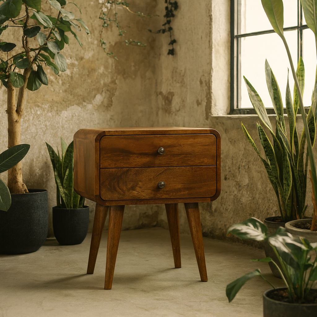 Ostuni Curved Mango Wood Chestnut Bedside Table 2 Drawers