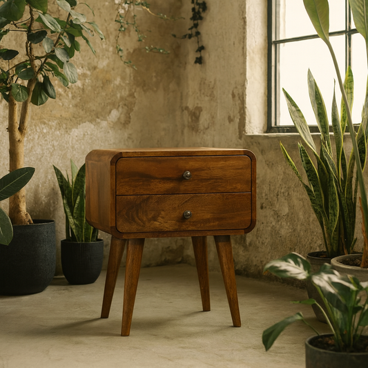 Ostuni Curved Mango Wood Chestnut Bedside Table 2 Drawers