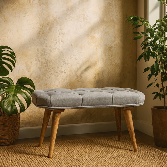 Bagno Deep Button Grey Tweed and Mango Wood Bench