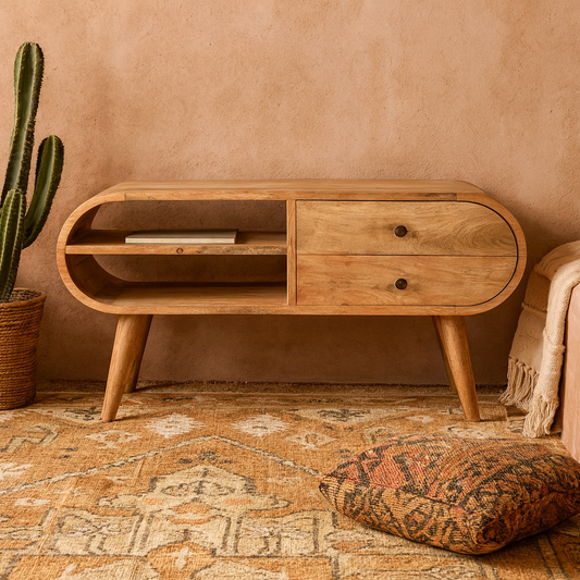 Verona Natural Mango Wood Oval TV Media Unit 2 Drawers and Open Shelf