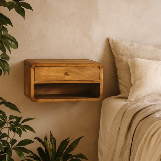 Perugia Floating Curve Natural Mango Wood Open Slot Bedside Table