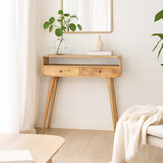 Urbino Curved Mango Wood Console Table 2 Drawer and Open Shelf