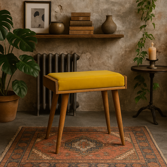 Lucca Mustard Velvet and Mango Wood Tray Style Footstool