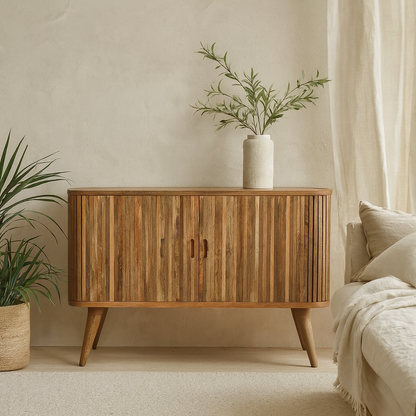 Anthropology Textured Slatted Mango Wood Sideboard Cut Out Handles