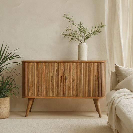 Anthropology Textured Slatted Mango Wood Sideboard Cut Out Handles