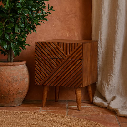 Orvieto Line Carved Mango Wood 2 Drawer Bedside Table