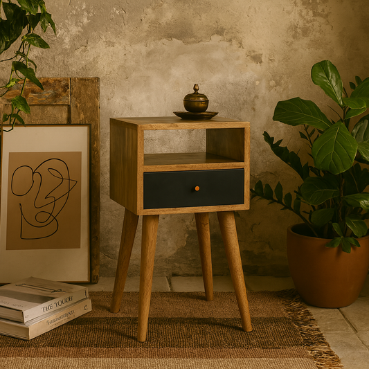 Biot Mini Navy Blue Hand Painted Bedside with Drawer and Open Shelf