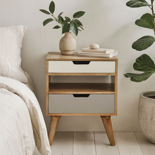 Pranburi Grey and White Mango Wood Bedside Table 2 Drawers and Open Shelf