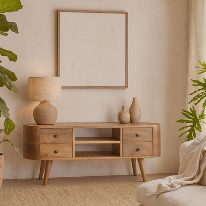 Padua Round Natural Mango Wood Entertainment TV Unit 4 Drawers