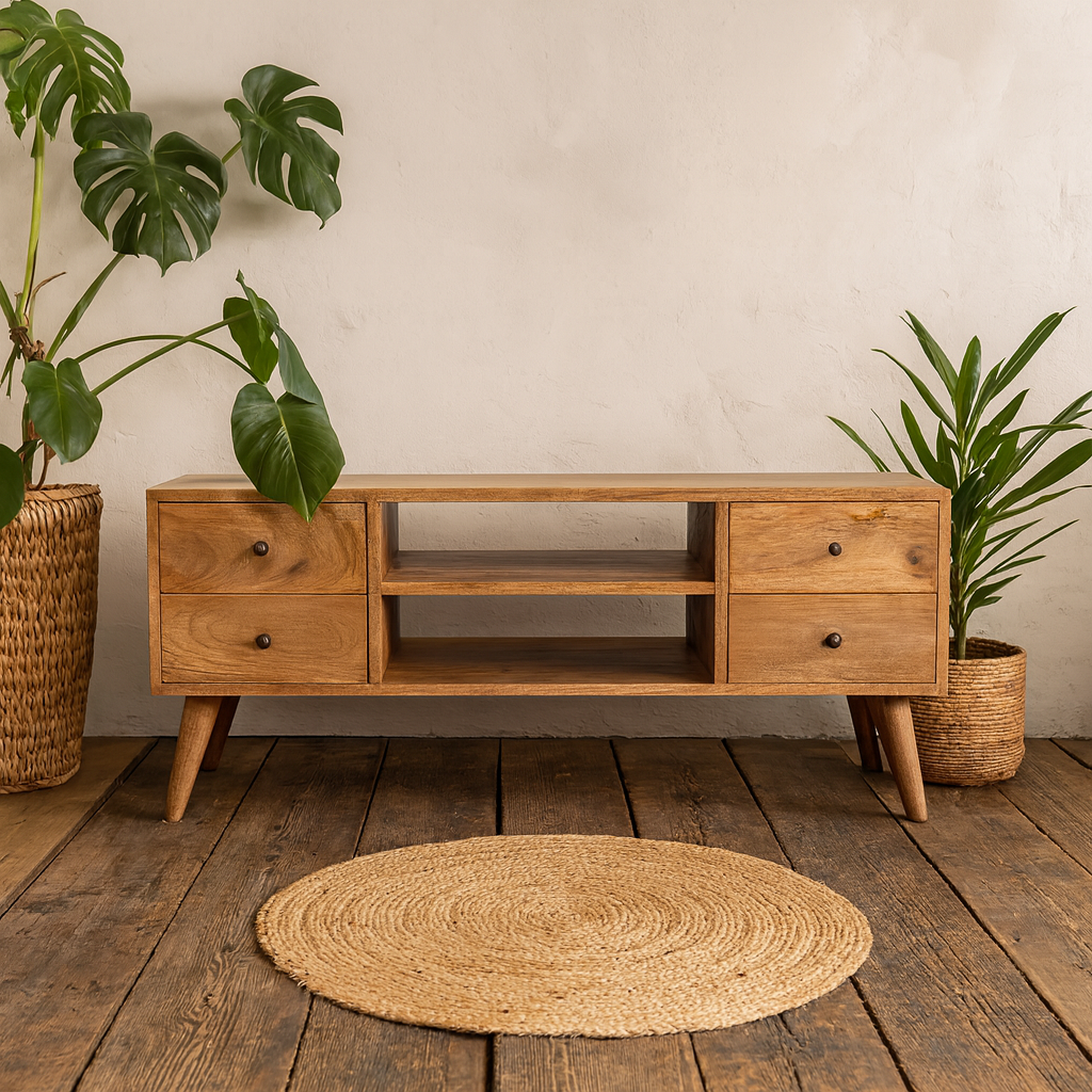 Monticchiello Scandi TV Entertainment Unit 4 Drawers Open Shelves