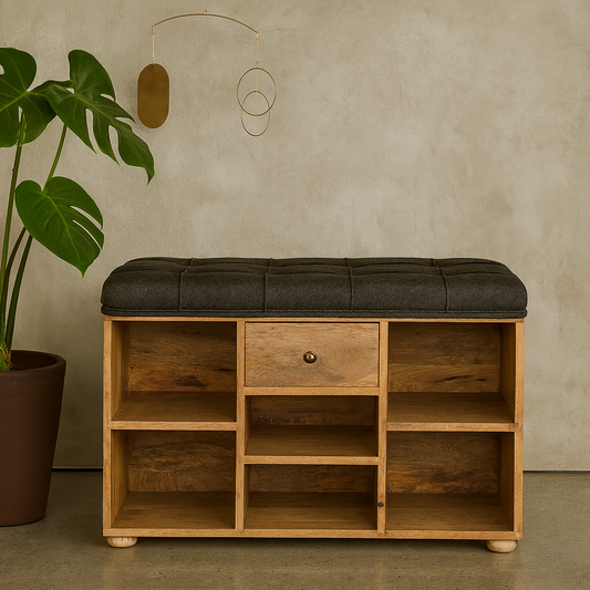 Palermo Black Tweed Drawer and Storage Shelf Shoe Bench