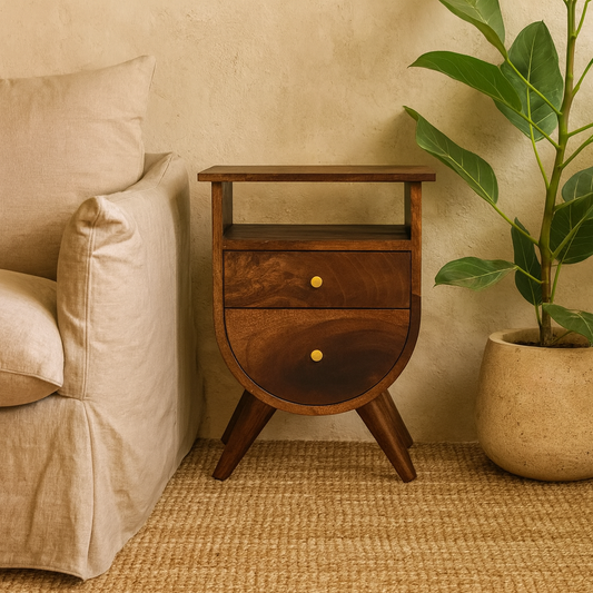 Ostuni Split Chestnut Mango Curved Wood Bedside Table 2 Drawer