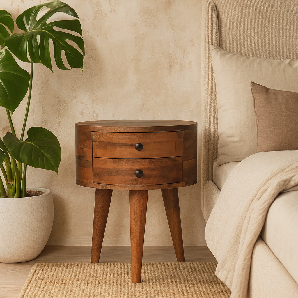 Ischia Oak Mango Wood Tripod Round Bedside Table 2 Drawers