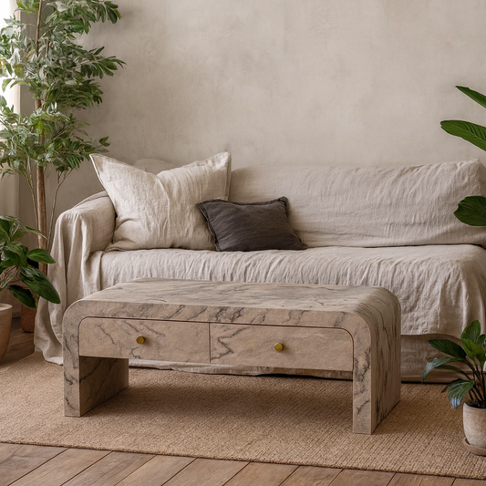 Eguishem Natural Wood and Marble Effect Tv Stand