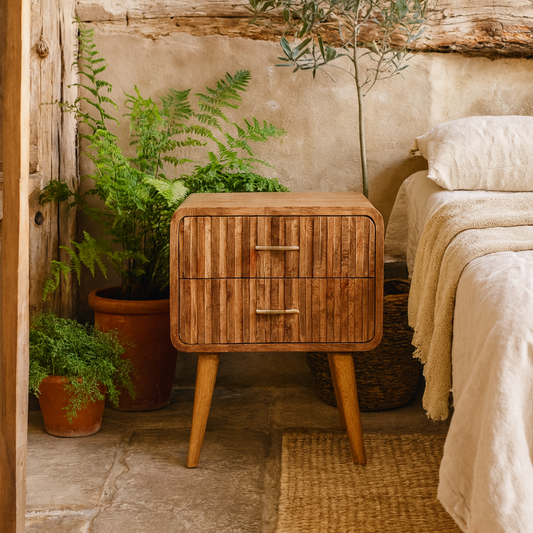 Puglia Mango Wood T-Bar Ridged Bedside Table