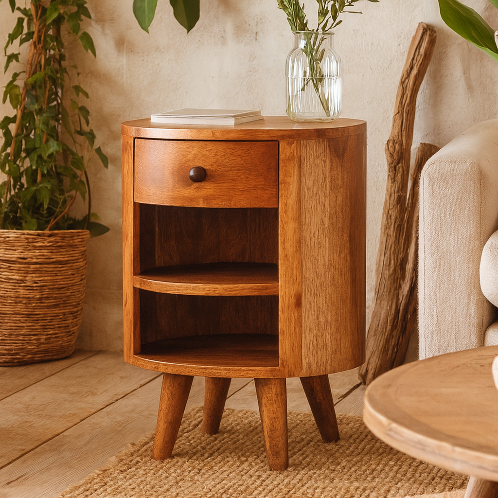Otranto Oak Mango Wood Bedside Table Drawer and Shelves
