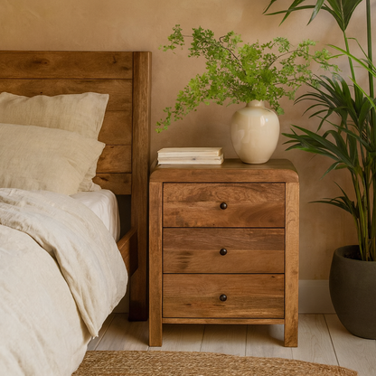 Padua Natural Oak Mango Oak 3 Drawer Curved Bedside Table