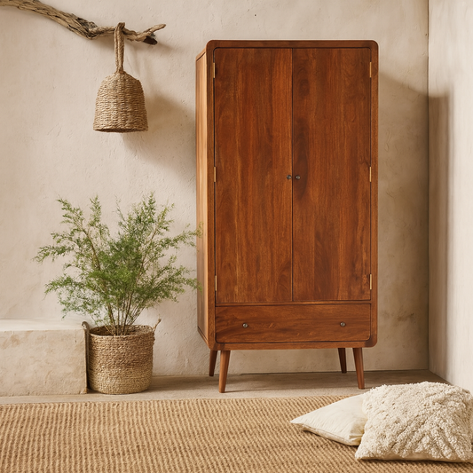 Ostuni Curved Chestnut Mango Wood 2 Door Wardrobe with Storage Drawer
