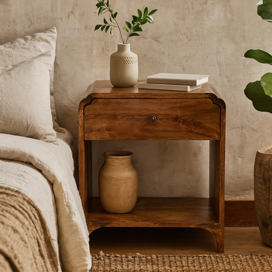 Lanta Mango Wood Scalloped Bedside Table with Drawer