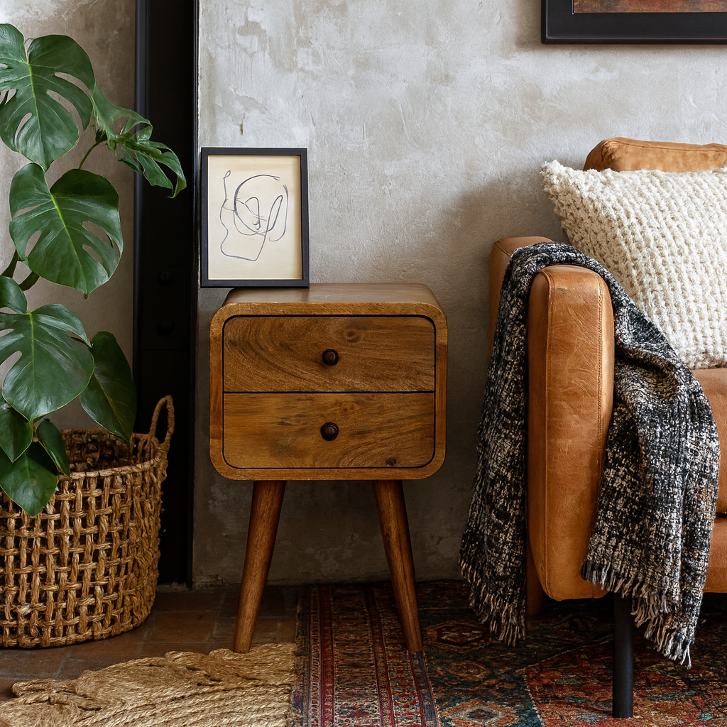 Parma Mini Oak Mango Wood Curved Bedside 2 Drawers