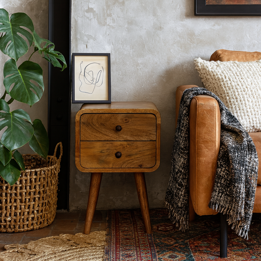 Parma Mini Oak Mango Wood Curved Bedside 2 Drawers