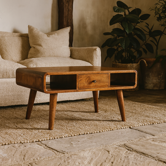 Ostuni Curved Chestnut Mango Wood Coffee Table with Drawer and Open Shelves