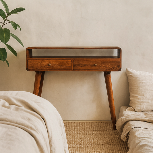 Ostuni Curved Mango Wood Chestnut Console Table 2 Drawers Open Shelf