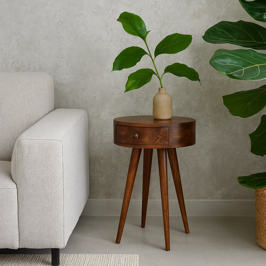 Bonnieux Single Chestnut Mango Wood Round Bedside with Drawer
