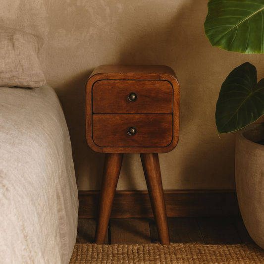 Cagliari Small 2 Drawer Curved Chestnut Mango Wood Bedside Table